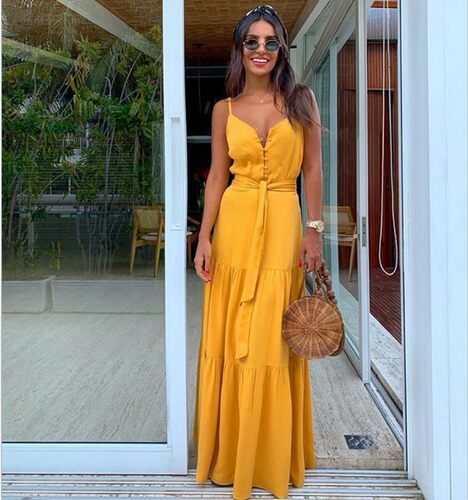 Women's summer Long maxi dress欧美纽扣系带吊带连衣裙沙滩