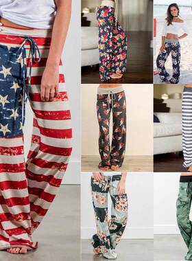 women casual big size ladies Bind printed loose pants系带裤