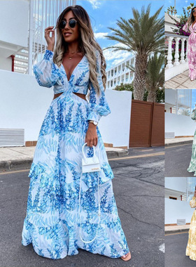 21 summer women's fashion dress镂空绿色V领长袖植物印花连