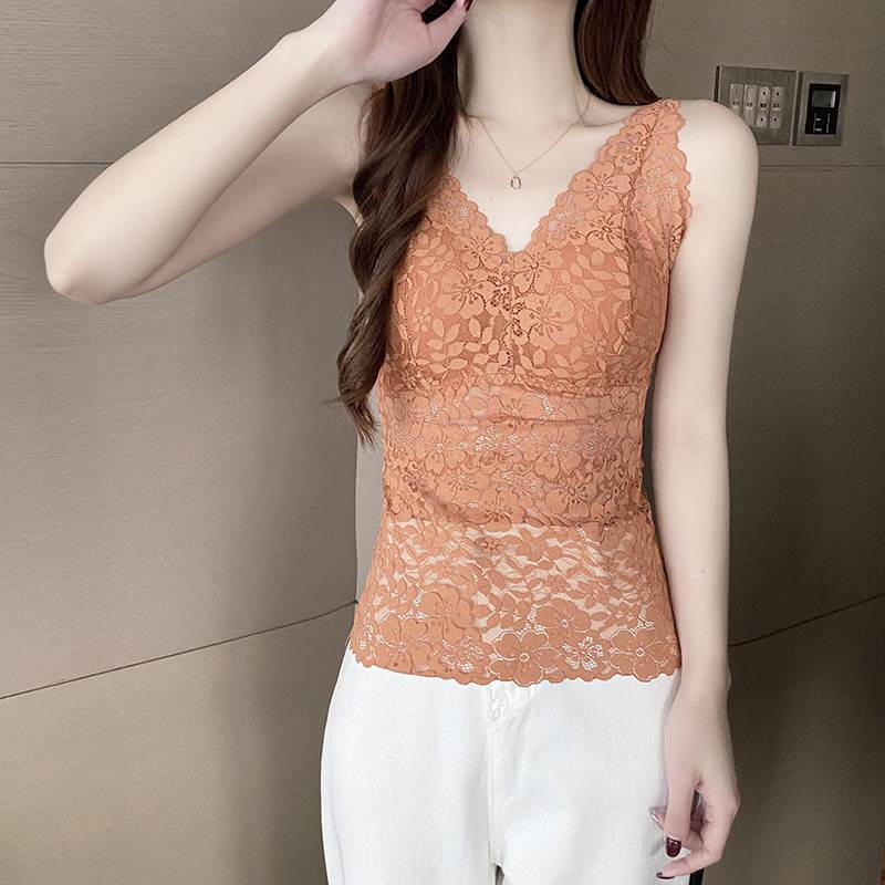 夏季性感白色V领蕾丝修身带胸垫内搭聚拢美背百搭吊带背心女Vest