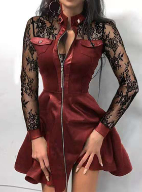 2020欧洲站秋季新款跨境独立站wish亚马逊时尚PU皮拼接收腰连衣裙