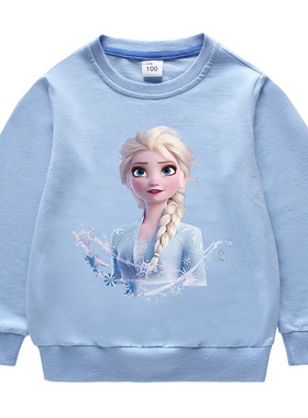 冰雪奇缘童装圆领艾莎公主卫衣儿童长袖蓝色女童纯棉Elsa女王上衣