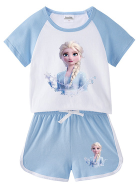 艾莎公主童装夏新儿童纯棉冰雪奇缘套装女童休闲短袖Elsa女王两件