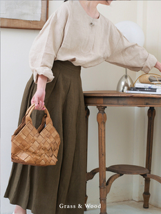 新品 气质百搭休闲秋装 宽松女士衬衫 Grass&Wood纯汉麻圆领上衣长袖