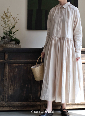 Grass&Wood复古衬衫连衣裙纯棉长袖百褶长裙系扣法式廓形高级感