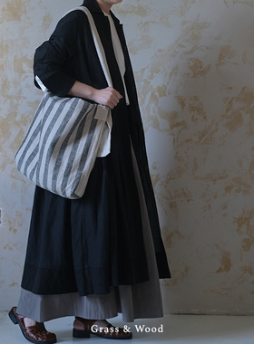 Grass&Wood宽竖条亚麻单肩包可调节大容量斜挎包小众随性女包流浪