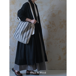 Grass&Wood宽竖条亚麻单肩包可调节大容量斜挎包小众随性女包流浪