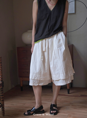 Grass&Wood长绒棉双层中裤松紧白色系带裙裤廓形休闲裤小众设计