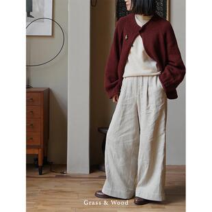 裙裤 百搭高级下装 松紧高腰休闲长裤 Grass&Wood汉麻棉人字纹阔腿裤