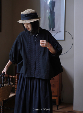 Grass&Wood蕾丝花边法式上衣中袖斗篷式衬衫轻薄廓形开襟休闲春夏