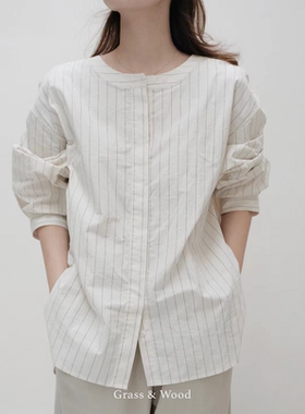 Grass&Wood进口日本面料高支棉亚麻苎麻质感棉经典条纹日韩女衬杉