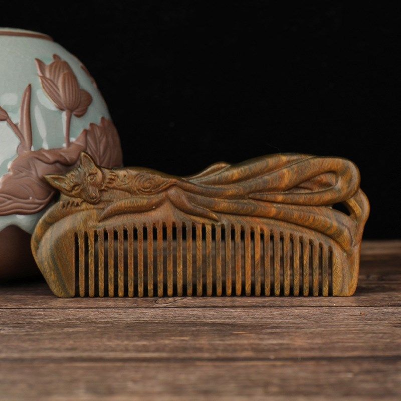 天然雕花檀木梳子按摩梳整木手工绿檀木梳防静电长发梳可定制LOGO