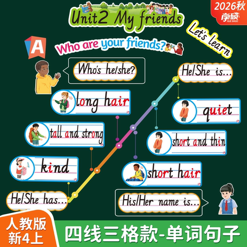 人教版四上四线三格单词卡片板书
