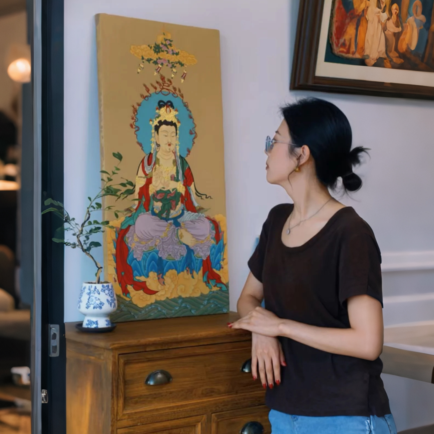 新中式禅意国风玄关装饰画观音菩萨茶室挂画东方复古怀旧客厅壁画