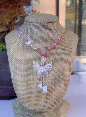 足银999蝴蝶流苏项链新中式手编绳项链公主中国风仙气项链送女友