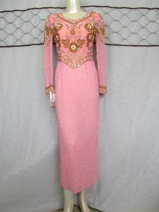 魅惑实拍意大利原单重工雪纺手工钉珠复古修身晚礼服宴会连衣裙