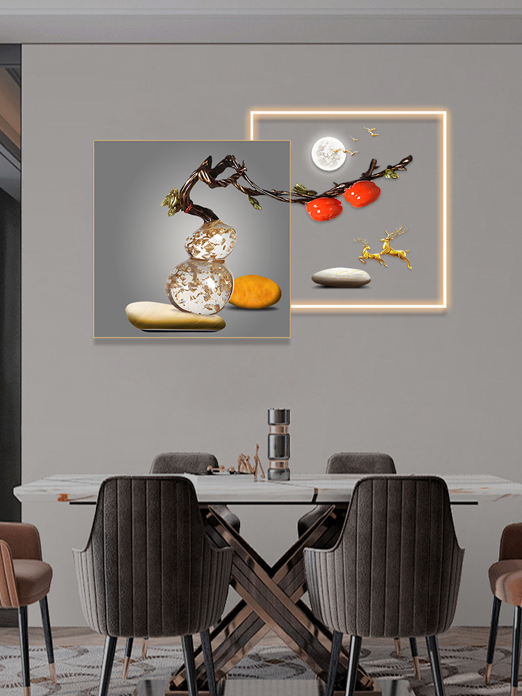 轻奢餐厅装饰画现代艺术个性LED灯挂画客厅餐桌墙壁画双联晶瓷画