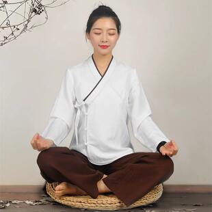 新款禅修服禅茶服装居士服打坐宽松斜襟偏开口女禅服套装大码