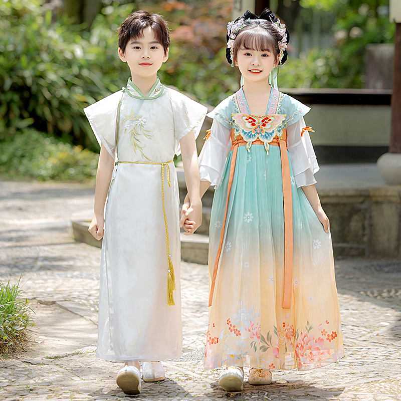 汉服男童夏季短袖2025新款古风帅气儿童古装国学服女童唐装演出服