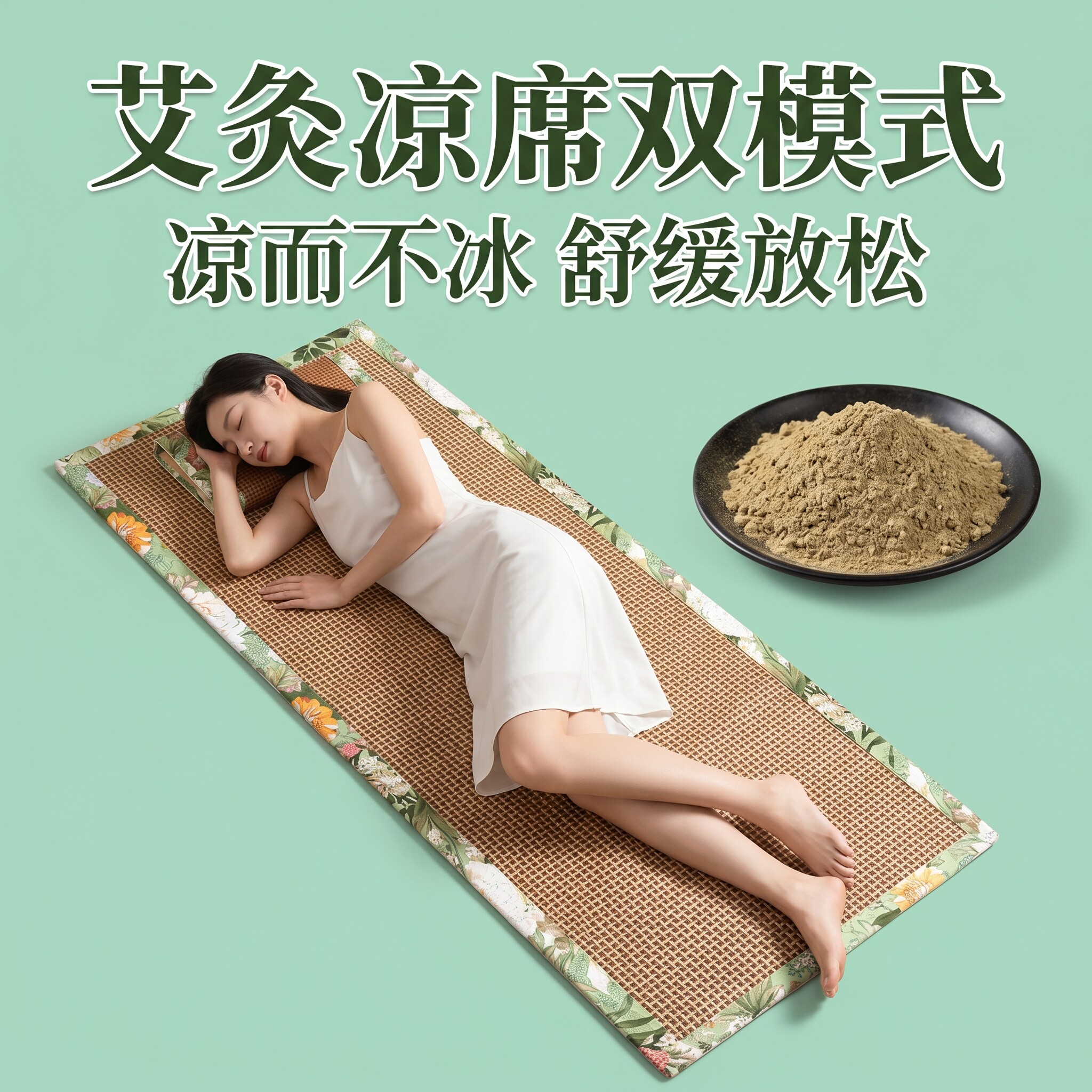 藤席艾绒凉席毯双面可用亚麻坐垫全身艾灸毯艾草夏季沙发床垫凉席