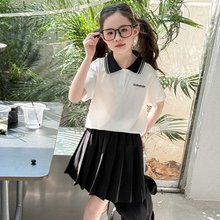 时髦polo衫 女童夏季 洋气儿童夏款 学院风套装 百褶裙两件套 2025新款