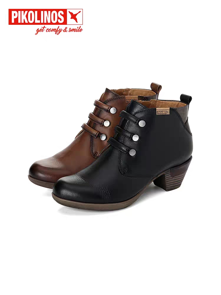 Pikolinos派高雁冬季牛皮锥形中跟圆头纯色短靴PA04021/PA224021