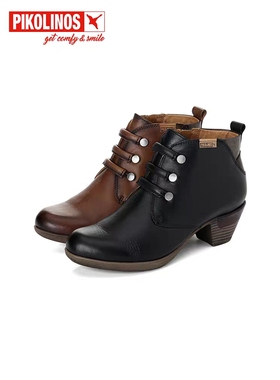 Pikolinos派高雁冬季牛皮锥形中跟圆头纯色短靴PA04021/PA224021