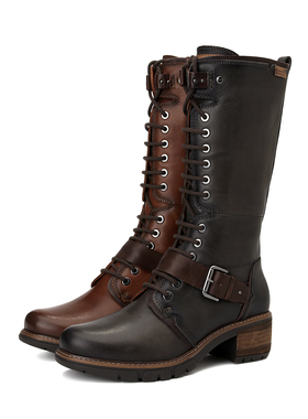 Pikolinos派高雁冬季擦色牛皮圆头粗跟中跟侧拉链长筒女靴PA00804