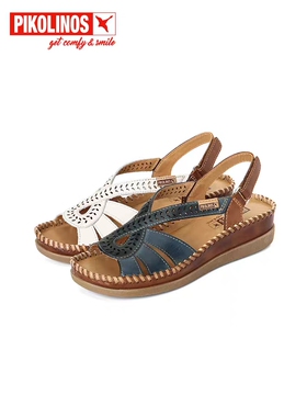 Pikolinos派高雁夏季牛皮露趾坡跟魔术贴拼色舒适凉鞋PM231007