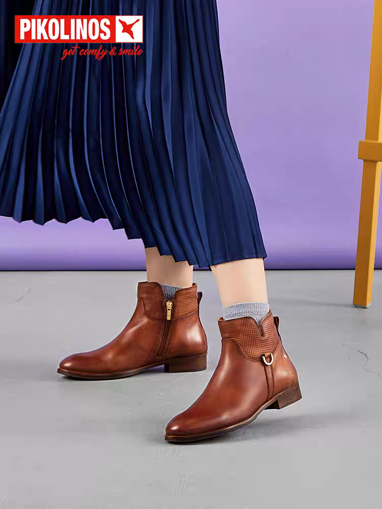 Pikolinos派高雁冬季牛皮圆头平跟侧拉链纯色休闲短靴PA228110,女鞋,马丁靴,淘宝优惠券,粉丝福利购,淘宝优惠卷