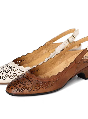 Pikolinos派高雁夏季牛皮镂空锥形中跟一字扣带凉鞋PM238903