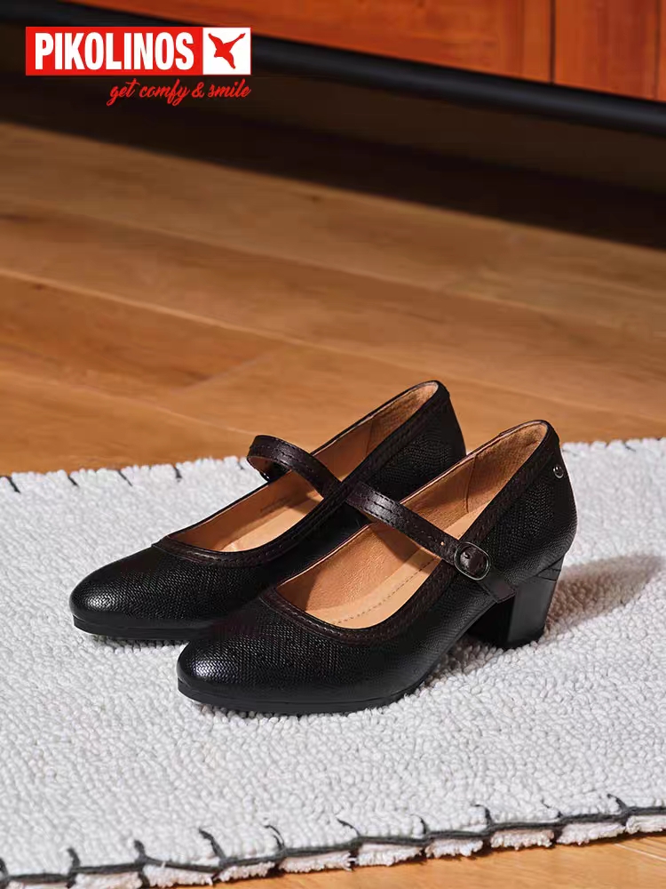 Pikolinos派高雁秋季新品牛皮浅口圆头一字扣玛丽珍鞋PL230719