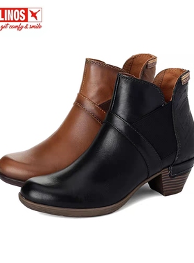 Pikolinos派高雁冬季多材质拼接圆头锥形中跟纯色短靴PA14033