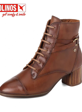 Pikolinos派高雁冬季牛皮圆头高跟纯色粗跟侧拉链马丁靴PA15209