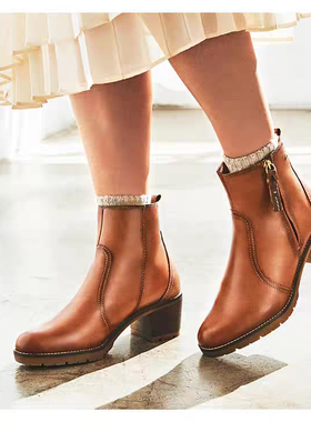 Pikolinos派高雁冬季牛皮圆头粗跟高跟纯色优雅短靴PA227002