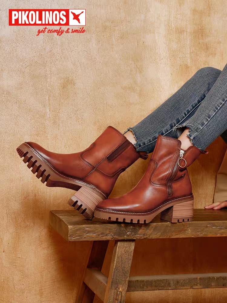 Pikolinos派高雁冬季牛皮侧拉链圆头粗高跟优雅短靴PA238002,女鞋,马丁靴,淘宝优惠券,粉丝福利购,淘宝优惠卷