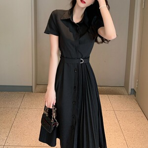 时尚黑色短袖收腰百褶裙女2025年新款设计感大码中长款衬衫连衣裙
