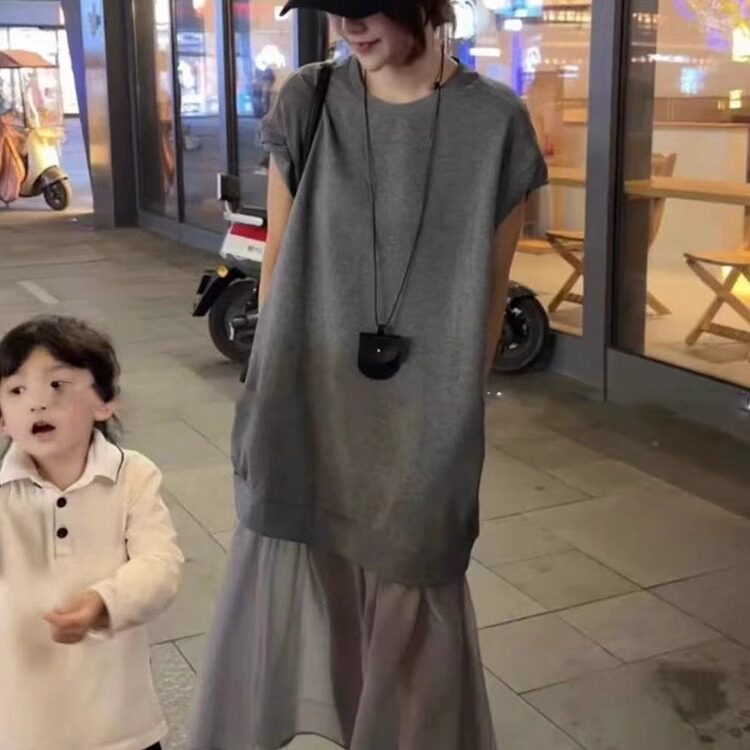 欧货设计感短袖拼接洋装女2025夏季新款宽松显瘦小个子百搭裙子