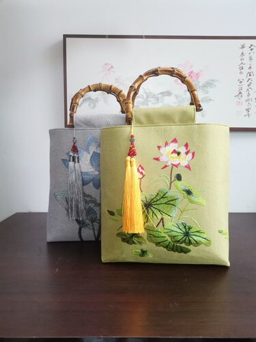 原创手工中式禅意刺绣大容量装书旗袍汉服竹手提包
