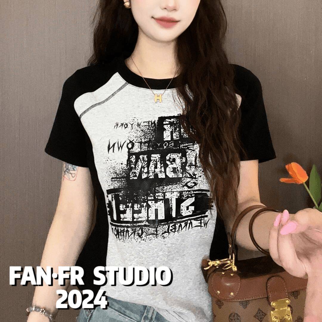 纯棉拼色彩拔涂鸦2025夏季新款短袖T恤 女修身显瘦百搭圆领上衣女