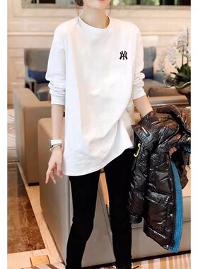 欧货白色t恤女长袖2025春秋新款叠穿纯棉内搭遮屁股中长款打底衫
