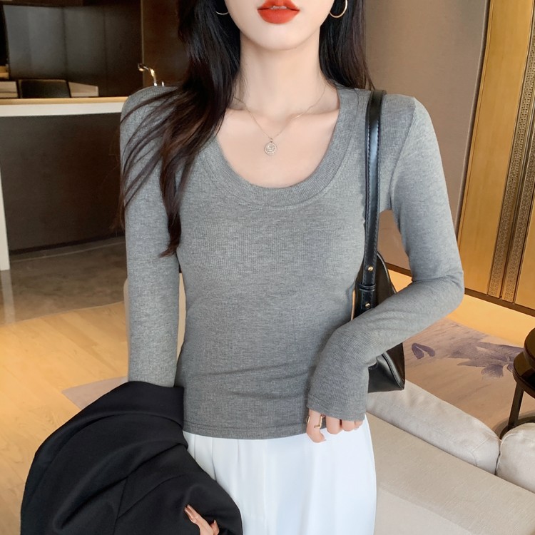 螺纹长袖t恤女秋冬季加绒新款美拉德风穿搭纯欲U领修身内搭打底衫