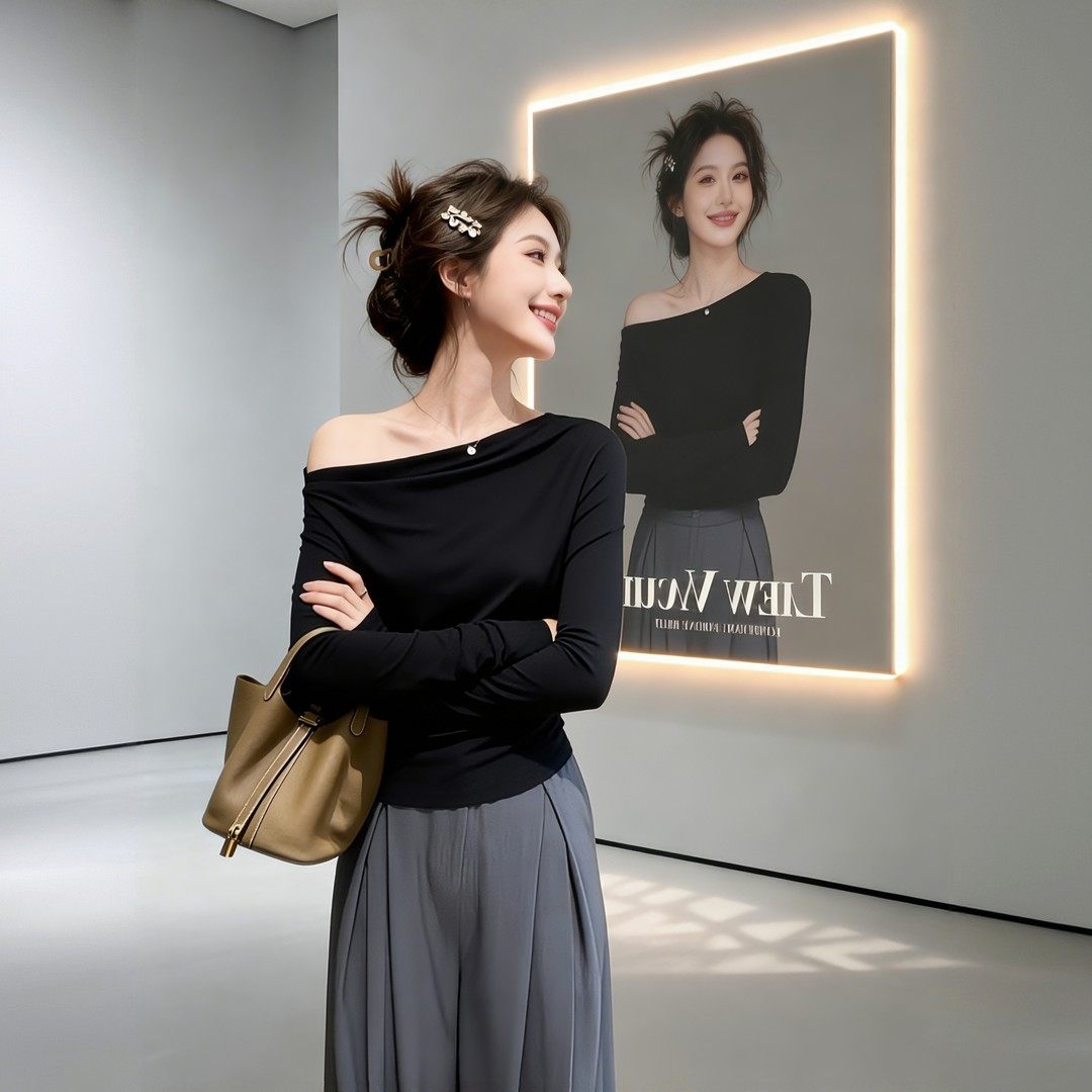 2026春秋新款黑色斜肩长袖t恤女爆款露肩修身洋气内搭打底衫上衣,女装/女士精品,T恤,淘宝优惠券,粉丝福利购,淘宝优惠卷