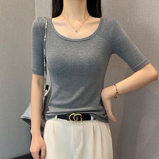 螺纹黑色中袖打底衫女2026年新款春夏遮肉显瘦修身五分袖韩版上衣