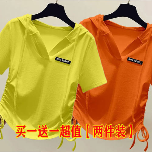 连帽短袖t恤女夏季韩版不规则