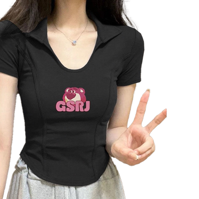 棉鱼骨纹短袖T恤女2024夏新款