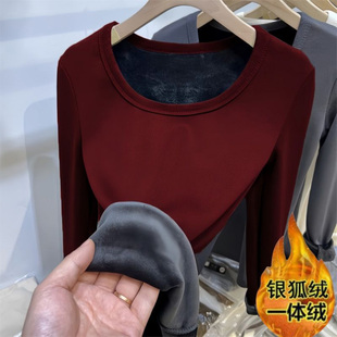 安可拉红加绒加厚打底衫女内搭秋冬新款修身显瘦德绒保暖长袖上衣