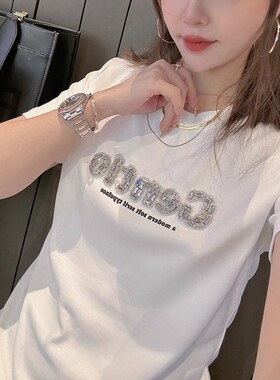 欧洲站女装短袖t恤女2025新款镶钻字母小众体恤漂亮白色上衣夏装