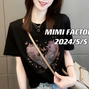 上衣 独特别致气质漂亮修身 纯棉爱心蝴蝶印花短袖 t恤女2025夏新款