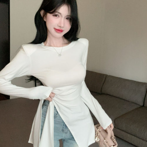 不规则开叉收腰绑带长袖t恤女